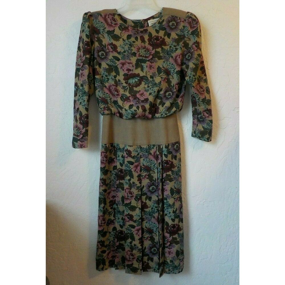 VTG Jackie Taub Connections Beige Floral Midi Dress Women 10 Pleated Button Up